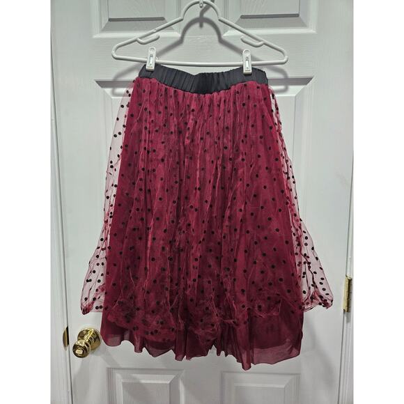 Draper James Maroon Red Whimsy Goth Dark Romantic Tulle Polka Dot Skirt Tutu L - Picture 2 of 8